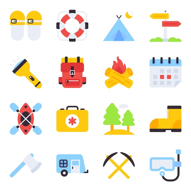 Pack de iconos planos de camping