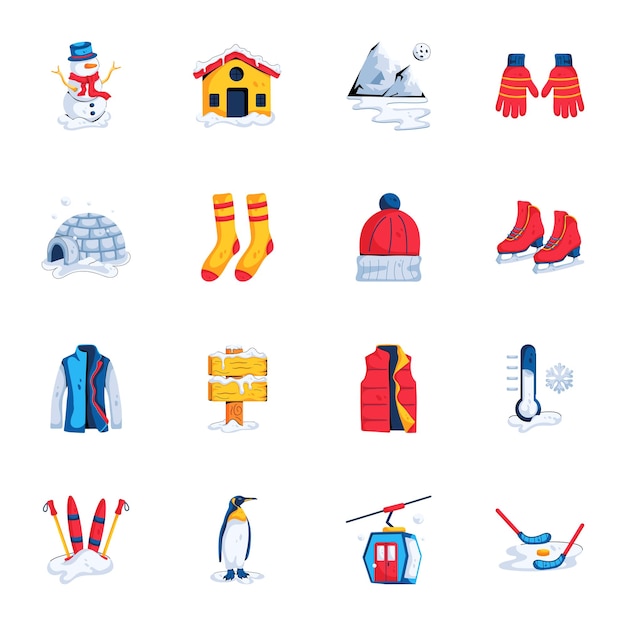 Vector pack de iconos planos de clima invernal