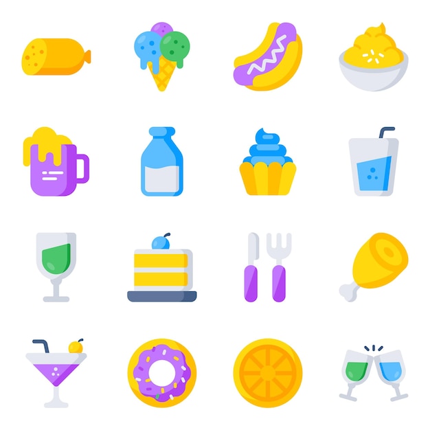 Pack de iconos planos de comida y comida