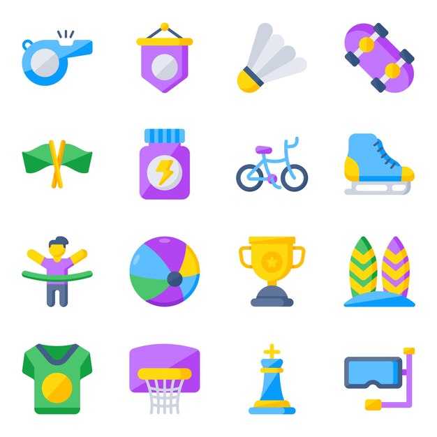 Pack de iconos planos de equipamiento deportivo