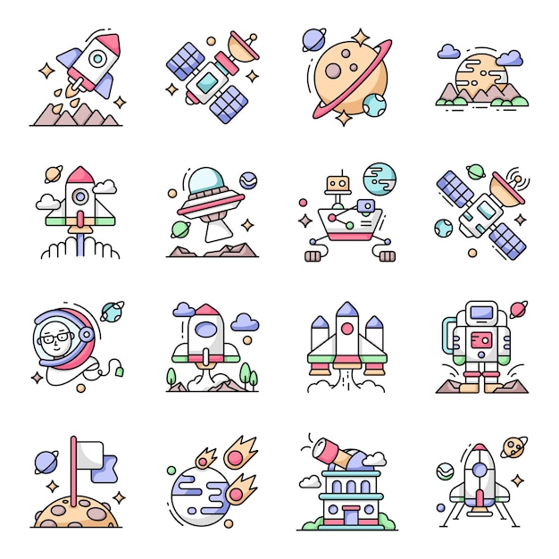 Pack de iconos planos espaciales