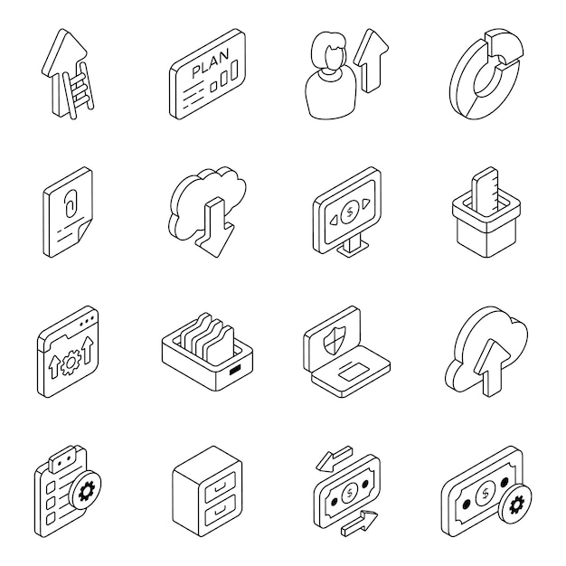 Pack de iconos planos de negocios y análisis