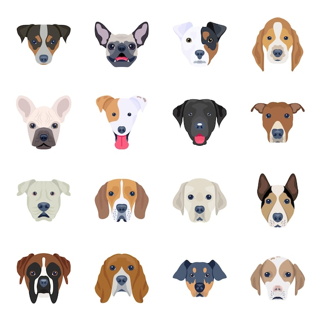 Vector pack de iconos planos de perros salvajes y domésticos