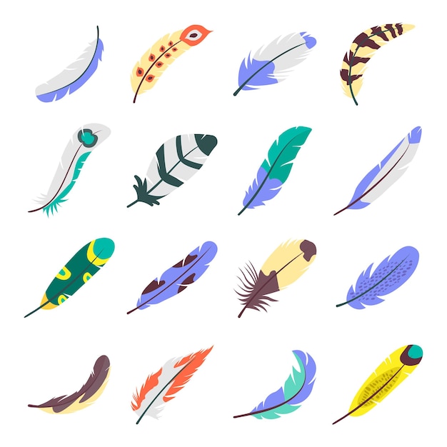 Pack de iconos planos de plumas de pájaro