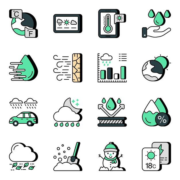 Pack de iconos planos de pronóstico y nublados