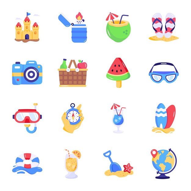 Vector pack de iconos planos de vacaciones