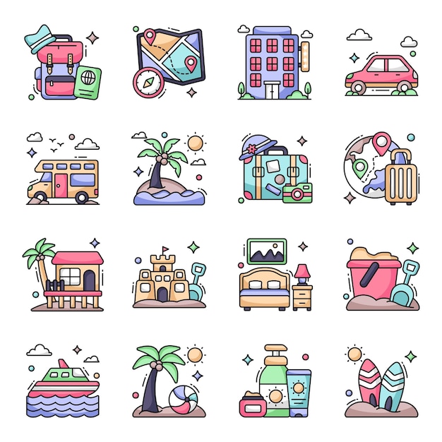 Pack de iconos planos de viaje
