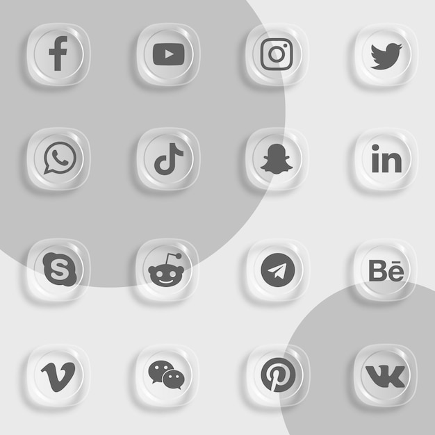 Pack de iconos de redes sociales con efecto de cristal transparente