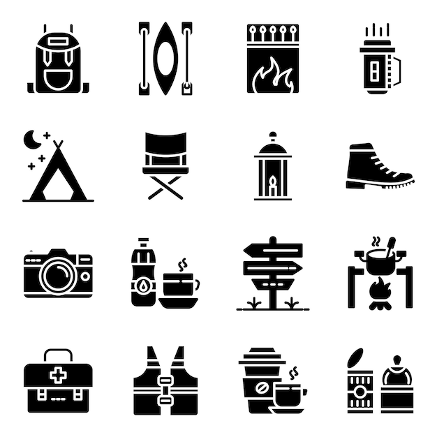 Vector pack de iconos sólidos de accesorios para acampar