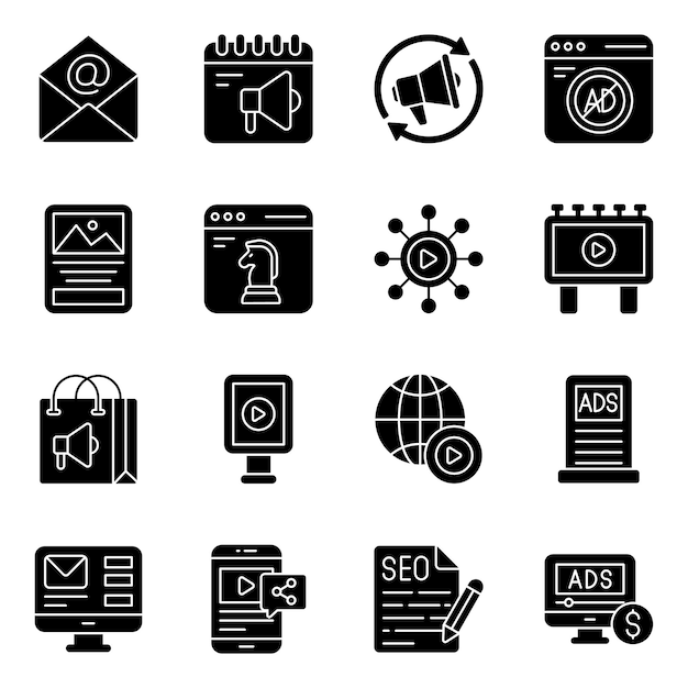 Pack de iconos sólidos de marketing y promoción