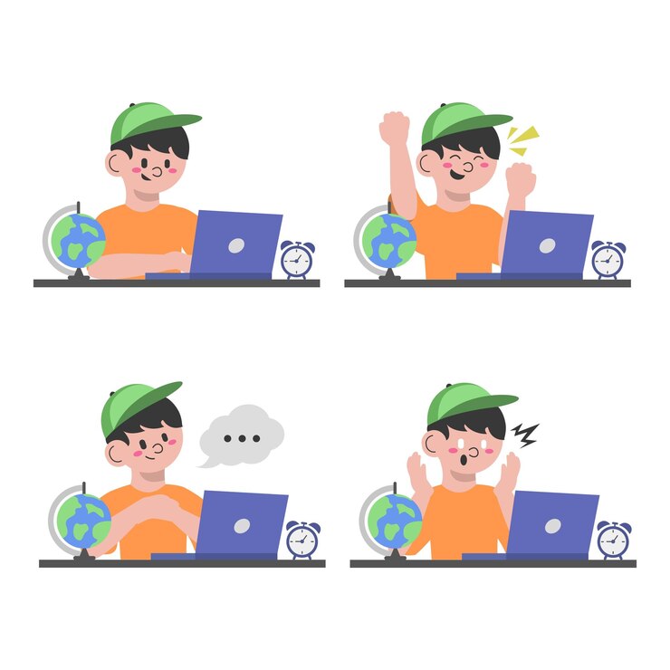 Pack de ilustración vectorial de niño usando laptop con estilo de diseño plano