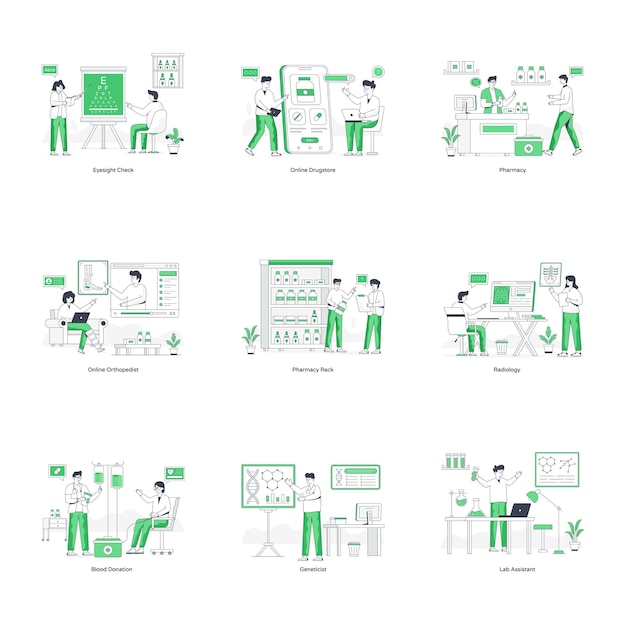 Pack de ilustraciones planas de atención médica