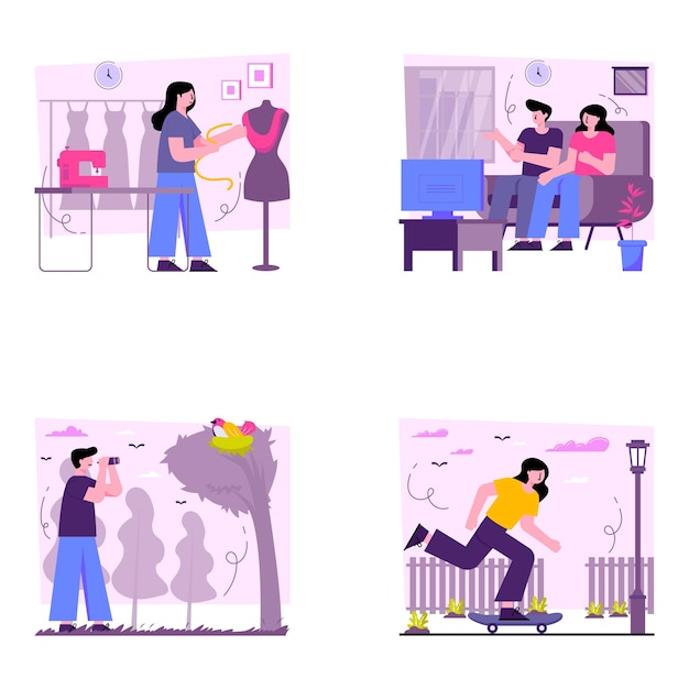 Pack de ilustraciones planas de pasatiempos e intereses