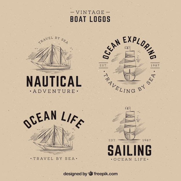 Vector pack de logotipos de barcos en estilo vintage dibujados a mano