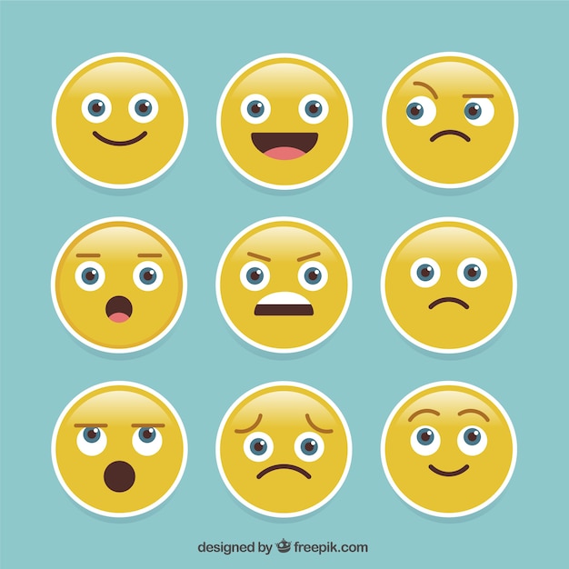 Vector pack de nueve pegatinas de emoticonos expresivos
