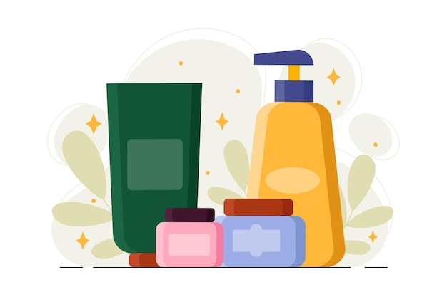 Pack of cosmetic bottles Natural and organic cosmetic products Creams and lotions Soap shampoo and oil Skincare cosmetics Flat vector illustration