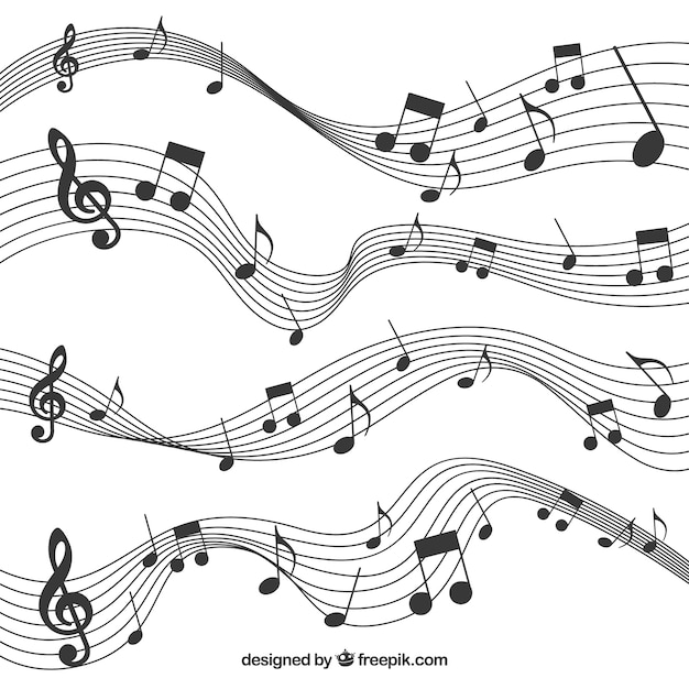 Vector pack de pentagramas con notas musicales negras