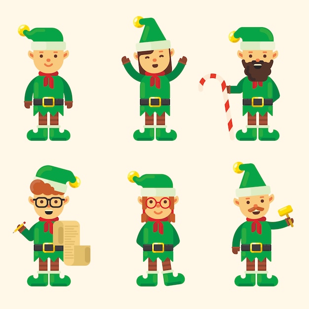 Vector pack de personajes de elfo navideño en diseño plano