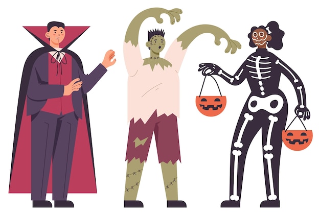 Pack de personas en disfraces de halloween