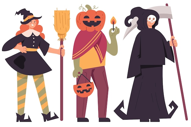 Pack de personas en disfraces de halloween