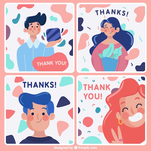 Vector pack de simpáticas tarjetas de agradecimiento con personajes