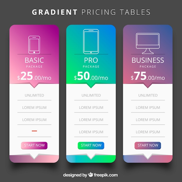 Vector pack de tabla de precios