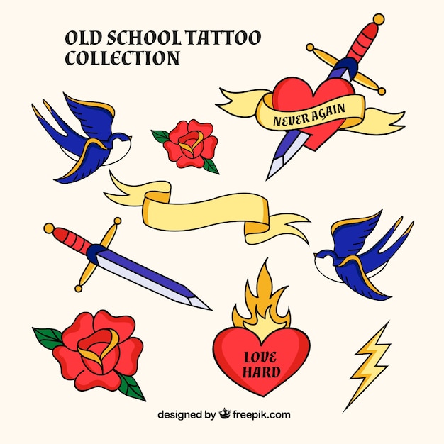 Vector pack de tatuajes retro con rosas y espadas con otros elementos