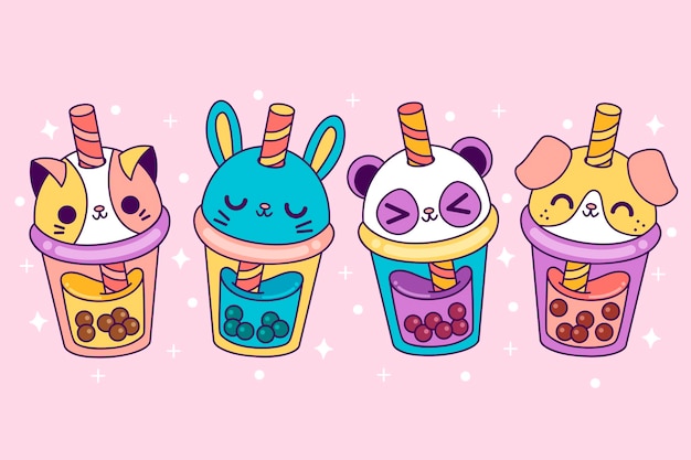 Vector pack de té de burbujas kawaii