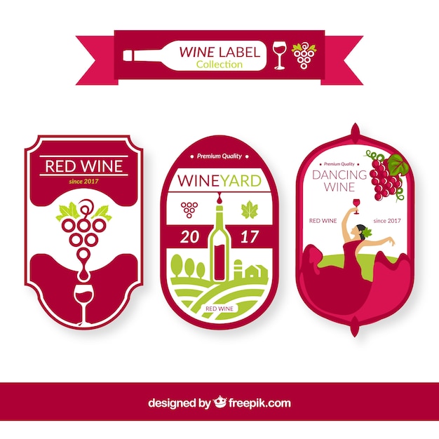 Vector pack de tres etiquetas de vino con detalles verdes