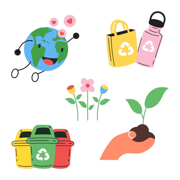 Pack vectorial de estilo de vida ecológico Tierra feliz Artículos reutilizables Classificación de residuos Flores y plantas