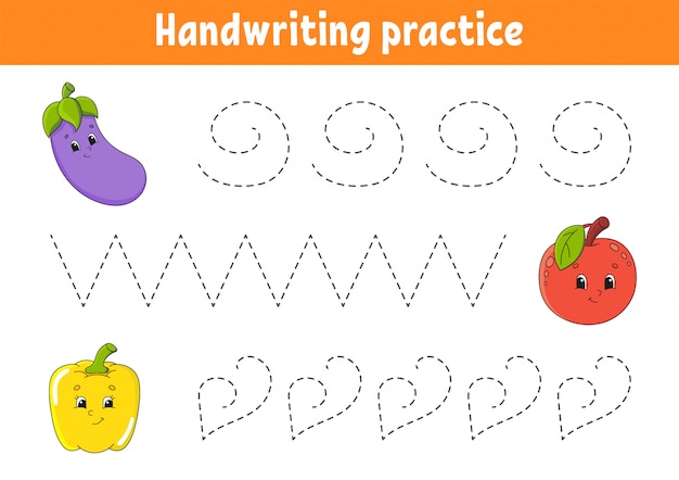 Pactice de escritura a mano. Hoja de trabajo de desarrollo educativo. Página de actividades. Frutas y vegetales.