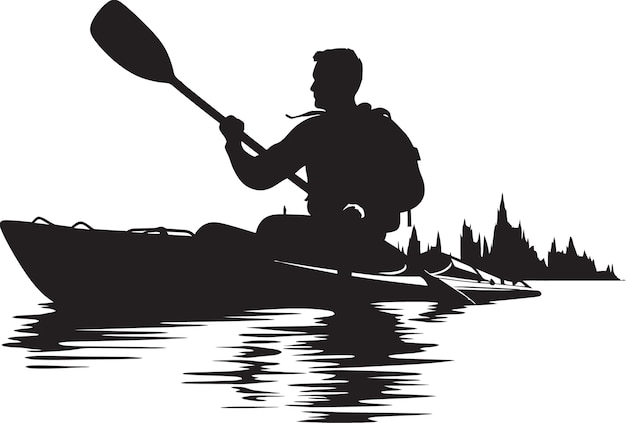 Paddle Pursuit Man Kayaking Icono vectorial en elegante diseño negro Rapids Ritmo negro logotipo para el Adve