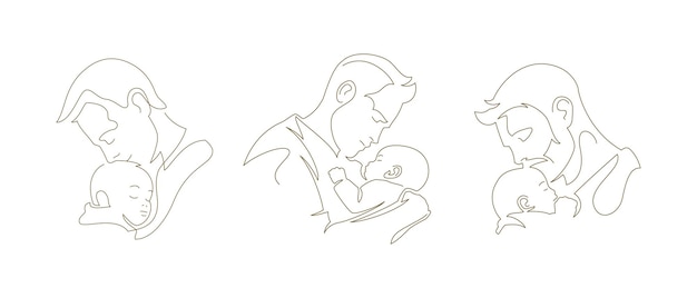 Padre abrazando besando a un hijo pequeño recién nacido con amor y ternura línea continua arte logo conjunto ilustración vectorial Familia feliz papá y niño lindo niño paternidad paternidad infancia Día del padre