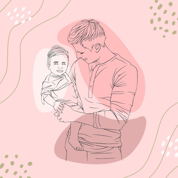 Padre abrazando a su hijo para el día del padre en el estilo de arte de línea t
