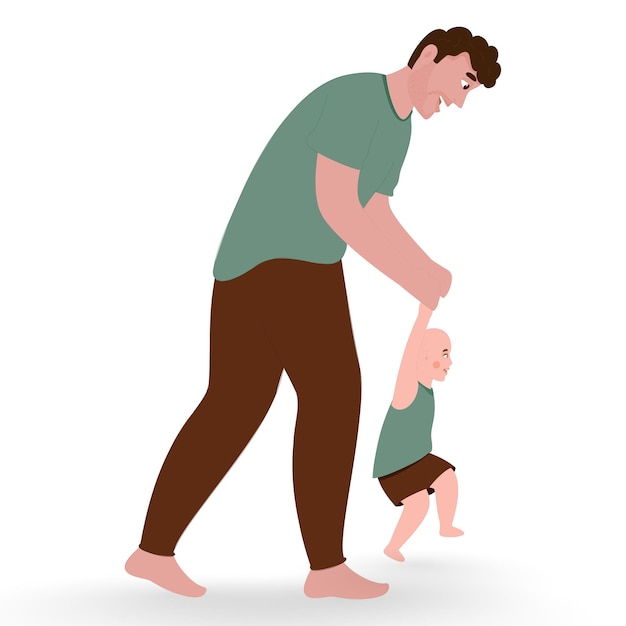 Padre alegre ayudando al bebé a caminar sobre fondo blanco.