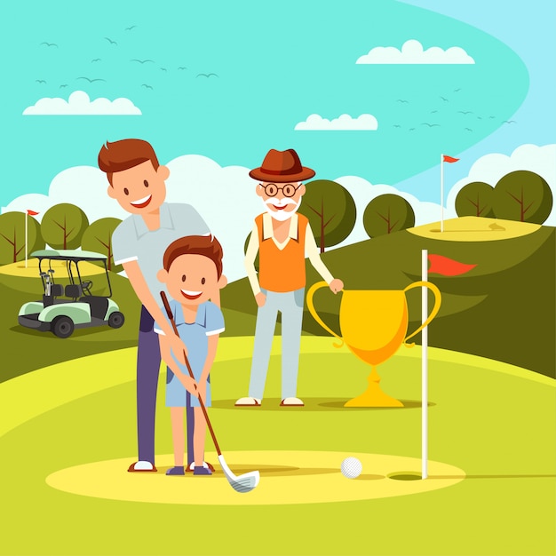 Padre alegre que enseña al niño a jugar al golf.