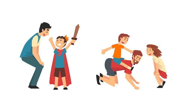 Padre amoroso jugando y divirtiéndose con sus hijos disfrutando de un buen tiempo juntos Conjunto vectorial