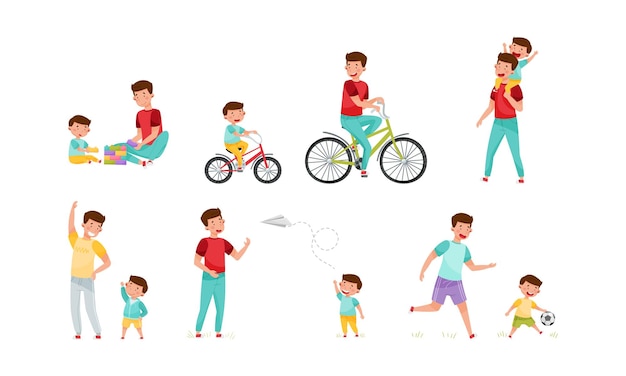 Padre amoroso y su hijo en bicicleta caminando jugando al fútbol y volando cometas conjunto de ilustraciones vectoriales