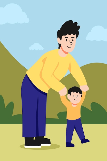 Padre ayudando a su hijo a caminar al aire libre