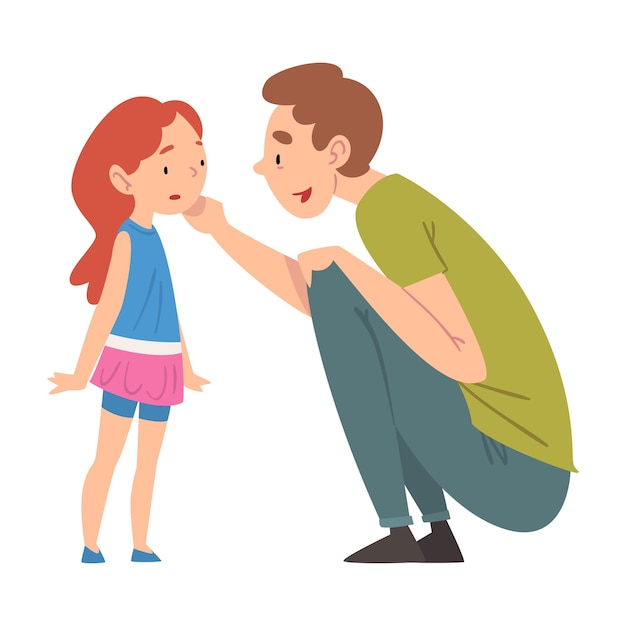 Padre consolando a su hija Padre cuidando a su hijo Acurrucado frente a la niña Ilustración vectorial de relaciones familiares felices