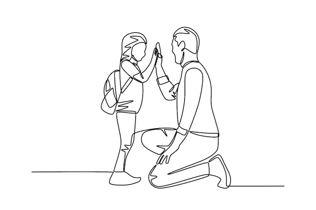El padre le da un "highfives" al hijo antes de ir a la escuela.