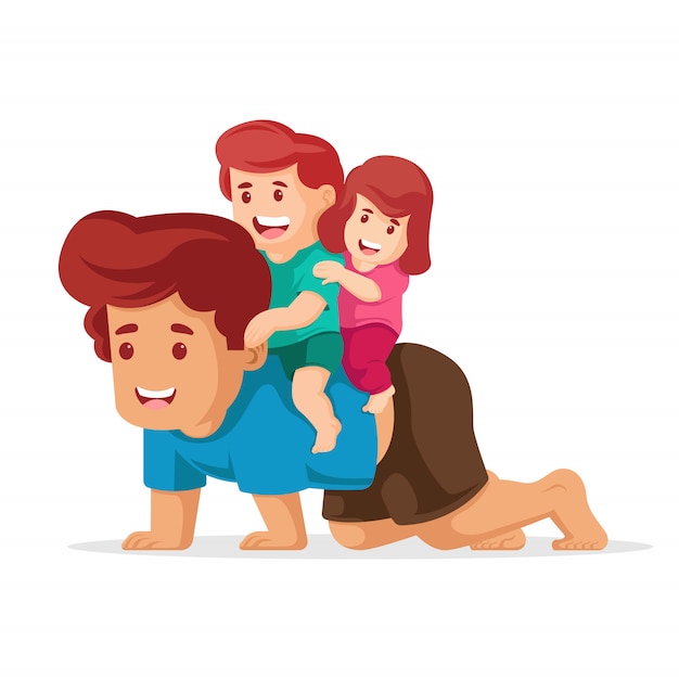 El padre le da a su hijo y a su hija cabalgando sobre su espalda. vector de ilustración de padres feliz dia