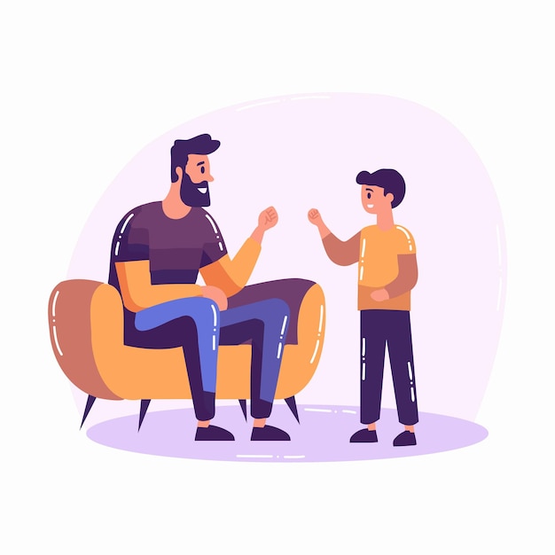 Padre dibujado a mano hablando con hijo en el sofá en estilo plano