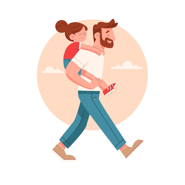 Vector padre e hija caminando juntos ilustración vectorial en un póster del día del padre en estilo de dibujos animados plano