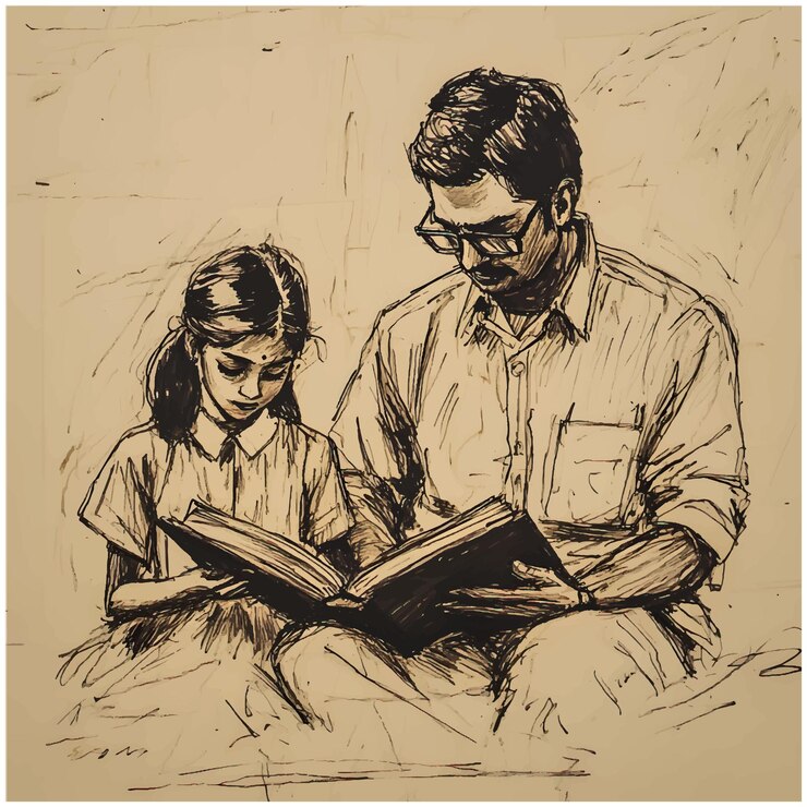 Padre e hija leyendo juntos en un boceto en tonos de sepia