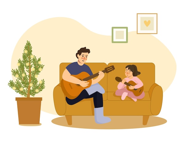 Vector padre e hija tocan la guitarra mientras están sentados en el sofá en una habitación con un árbol de navidad