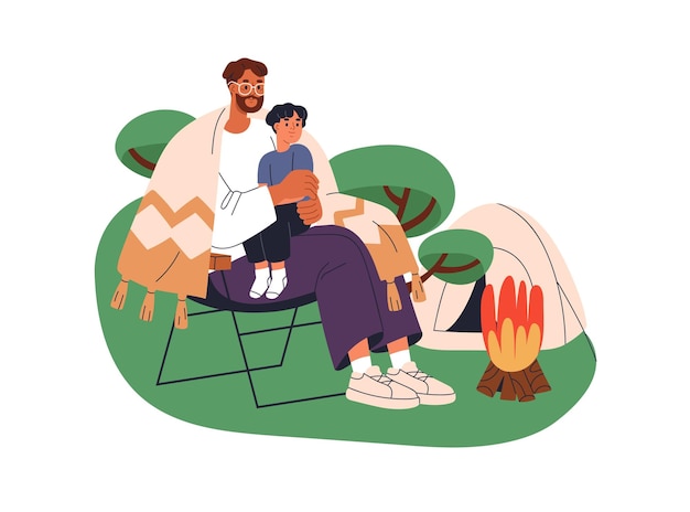Padre e hijo acampando Padre e hijo sentados junto a la fogata en el campamento Aventura al aire libre de verano juntos Campistas familiares felices pasando tiempo en la naturaleza Ilustración vectorial plana aislada sobre fondo blanco