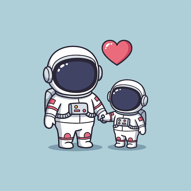 Padre e hijo astronauta tomados de la mano dibujos animados