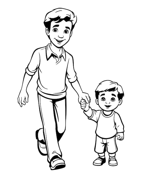 Vector padre e hijo caminando juntos negro y blanco