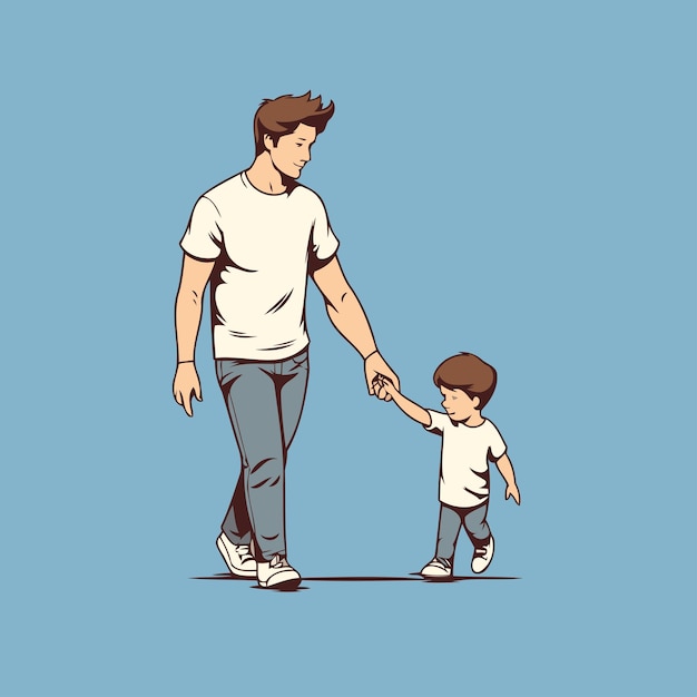 Padre e hijo caminando de la mano Ilustración vectorial al estilo de dibujos animados